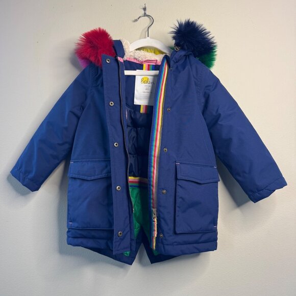 MINI BODEN All Weather Jacket Girls 3-4 Rainbow Faux Fur Hood Winter Coat Parka - Picture 3 of 11